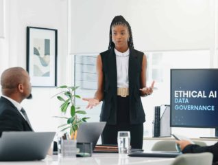 Computer screen, meeting and presentation with business woman in office for ethical ai. Monitor, pitch and seminar with group of employee people in workplace boardroom for data governance discussion Computer screen, meeting and presentation with business woman in office for ethical ai. Monitor, pitch and seminar with group of employee people in workplace boardroom for data governance discussion.